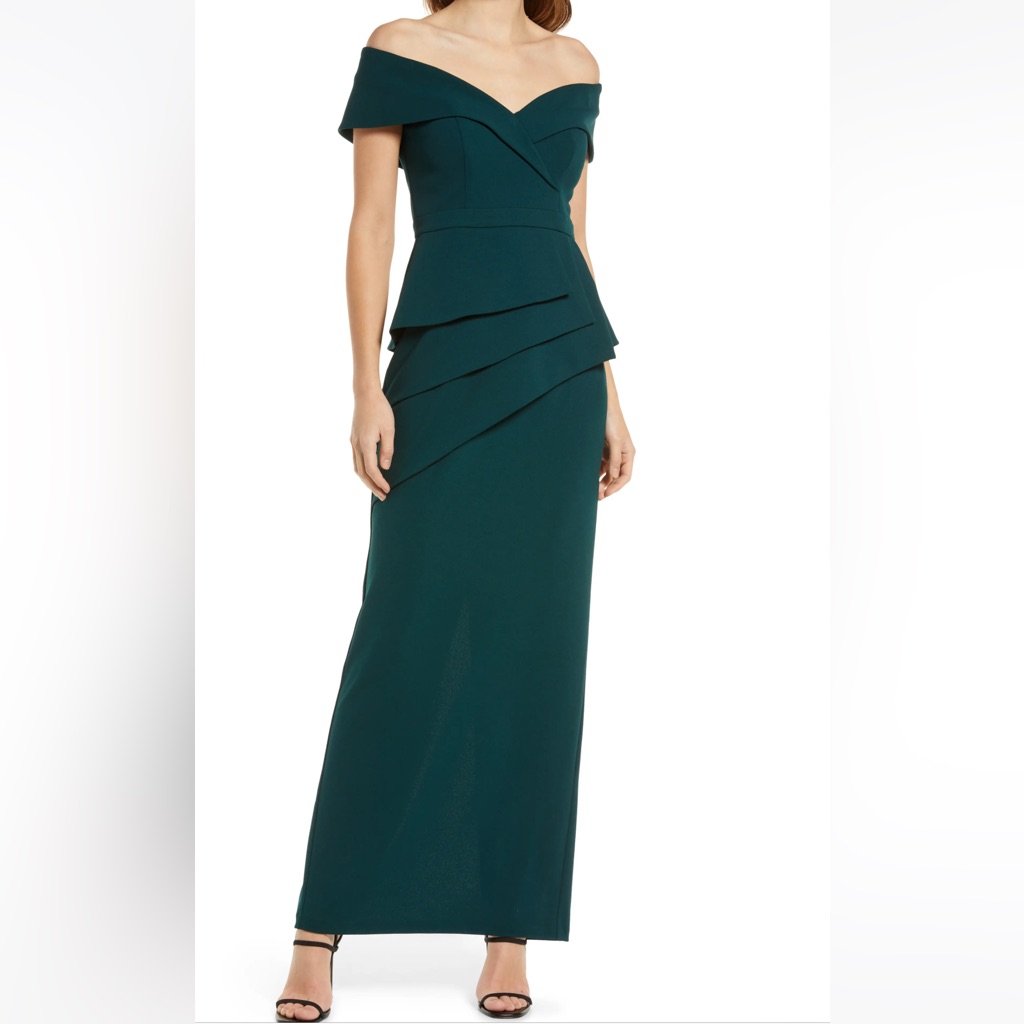 Xscape Off The Shoulder Scuba Crepe Column Green Gown
